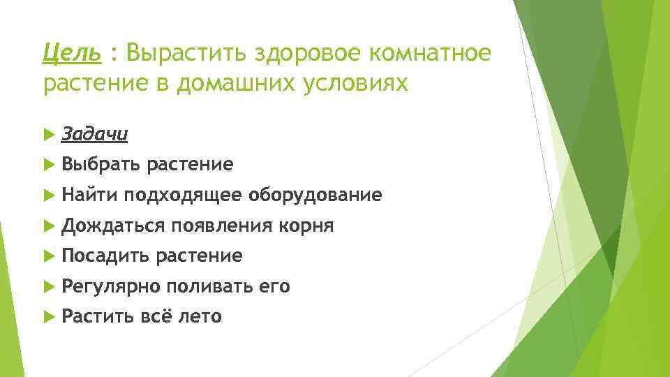 Цель : Вырастить здоровое комнатное растение в домашних условиях Задачи Выбрать растение Найти подходящее