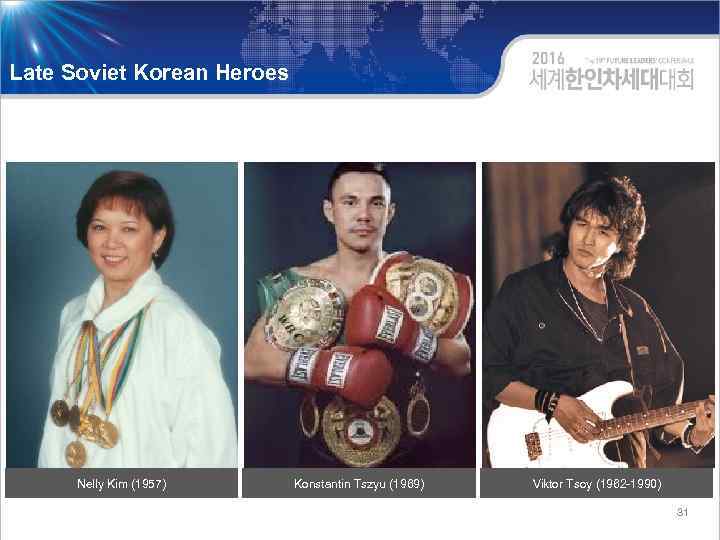 Late Soviet Korean Heroes Nelly Kim (1957) Konstantin Tszyu (1969) Viktor Tsoy (1962 -1990)