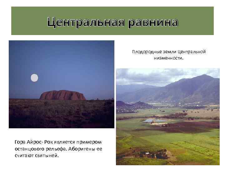 Центральная равнина Плодородные земли Центральной низменности. Гора Айрос- Рок является примером останцового рельефа. Аборигены
