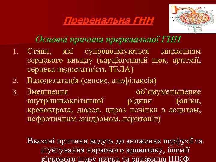 Преренальна ГНН Основні причини преренальної ГНН 1. 2. 3. Стани, які супроводжуються зниженням серцевого