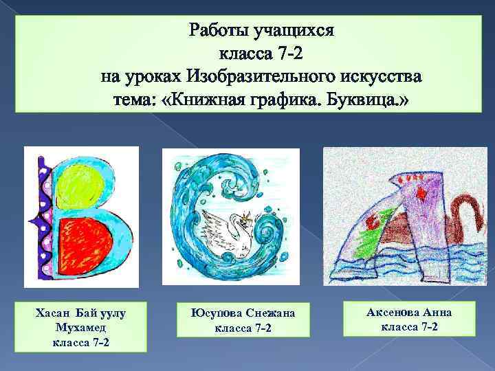 Работы учащихся класса 7 -2 на уроках Изобразительного искусства тема: «Книжная графика. Буквица. »