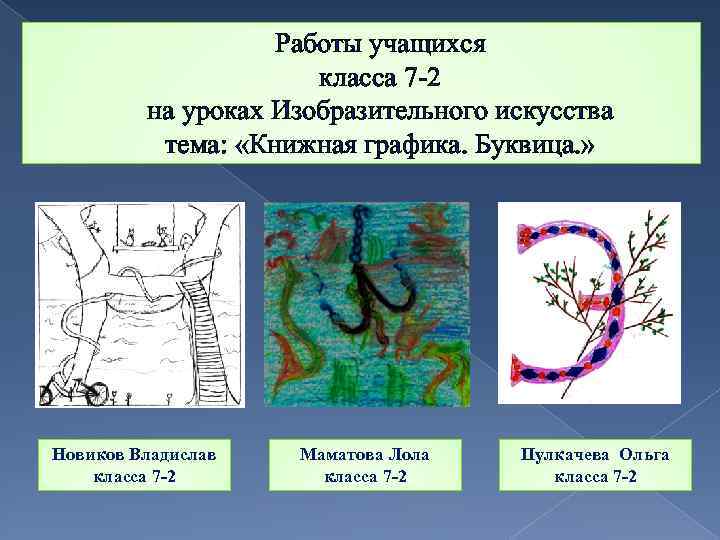 Работы учащихся класса 7 -2 на уроках Изобразительного искусства тема: «Книжная графика. Буквица. »