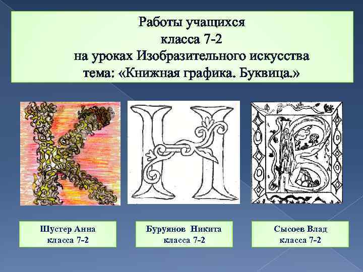 Работы учащихся класса 7 -2 на уроках Изобразительного искусства тема: «Книжная графика. Буквица. »