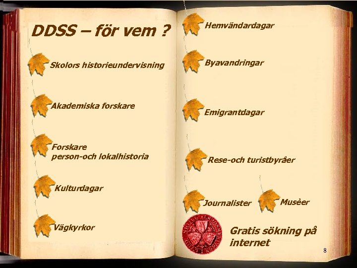 DDSS – för vem ? Skolors historieundervisning Akademiska forskare Forskare person-och lokalhistoria Hemvändardagar Byavandringar