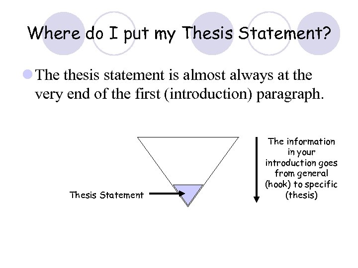 Where do I put my Thesis Statement? l The thesis statement is almost always