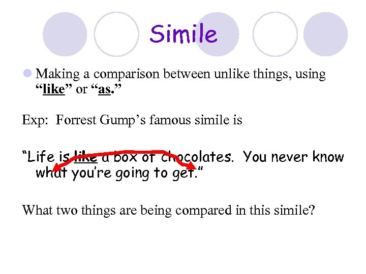 Simile l Making a comparison between unlike things, using “like” or “as. ” Exp: