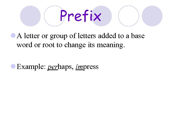 Prefix l A letter or group of letters added to a base word or