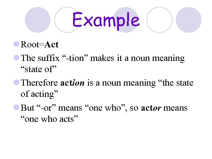 Example l Root=Act l The suffix “-tion” makes it a noun meaning “state of”
