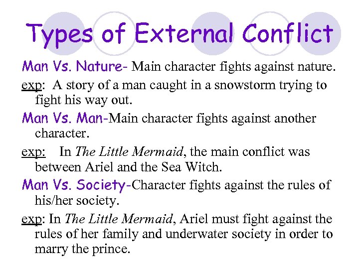 Types of External Conflict Man Vs. Nature- Main character fights against nature. exp: A