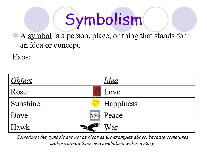 Symbolism l A symbol is a person, place, or thing that stands for an