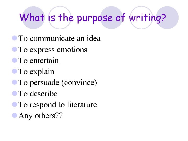 What is the purpose of writing? l To communicate an idea l To express