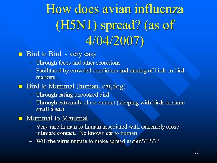 How does avian influenza (H 5 N 1) spread? (as of 4/04/2007) n Bird