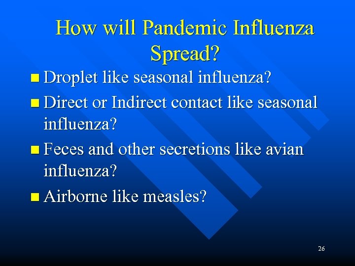 How will Pandemic Influenza Spread? n Droplet like seasonal influenza? n Direct or Indirect