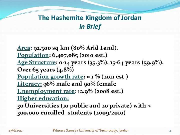 The Hashemite Kingdom of Jordan in Brief Area: 92, 300 sq km (80% Arid