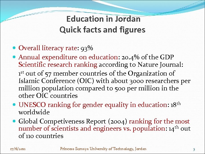 Education in Jordan Quick facts and figures Overall literacy rate: 93% Annual expenditure on