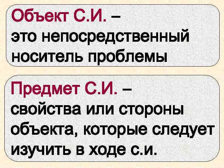 Объект С. И. – это непосредственный носитель проблемы Предмет С. И. – свойства или