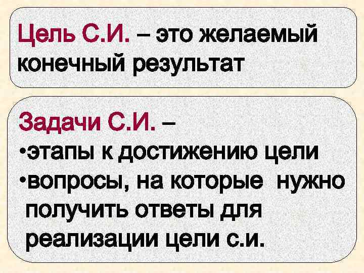 Цель С. И. – это желаемый конечный результат Задачи С. И. – • этапы