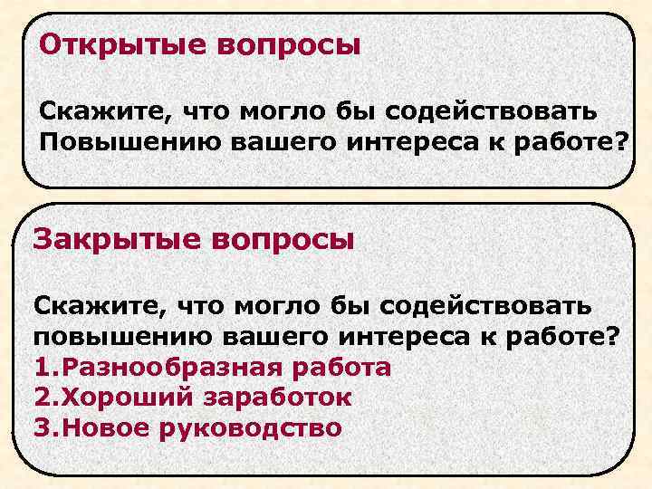 Открытые вопросы Скажите, что могло бы содействовать Повышению вашего интереса к работе? Закрытые вопросы