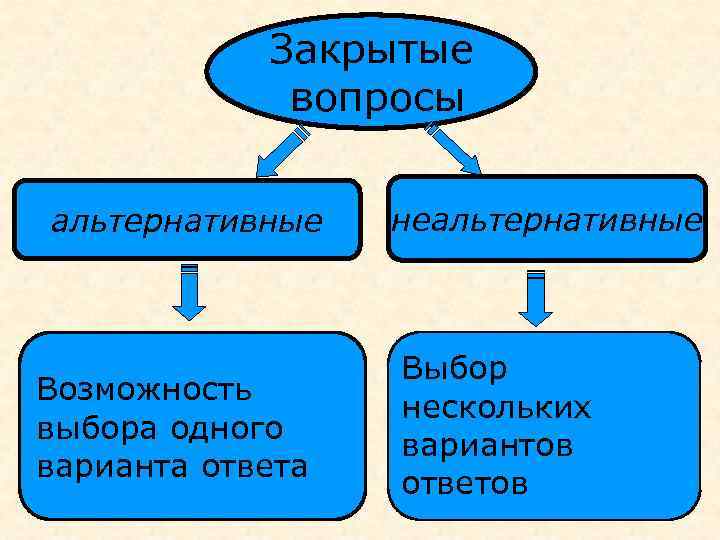 Закрытые вопросы альтернативные Возможность выбора одного варианта ответа неальтернативные Выбор нескольких вариантов ответов 