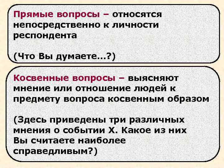 Прямые вопросы – относятся непосредственно к личности респондента (Что Вы думаете…? ) Косвенные вопросы