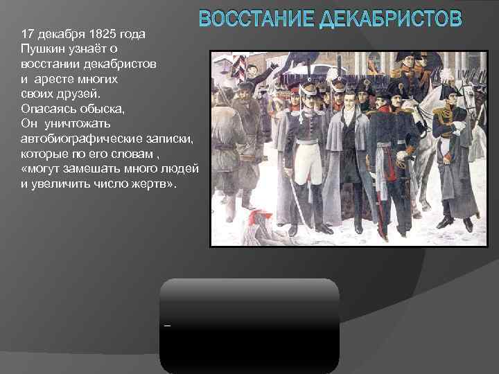 ВОССТАНИЕ ДЕКАБРИСТОВ 17 декабря 1825 года Пушкин узнаёт о восстании декабристов и аресте многих