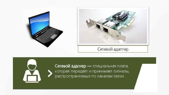 Сетевой адаптер — специальная плата, которая передаёт и принимает сигналы, распространяемые по каналам связи.