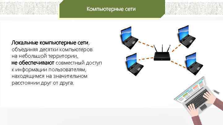 Компьютерные сети Локальные компьютерные сети, объединяя десятки компьютеров на небольшой территории, не обеспечивают совместный