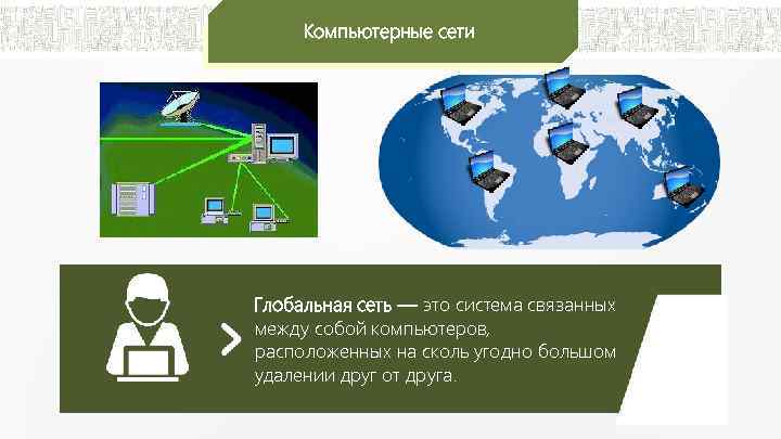 Компьютерные сети Глобальная сеть — это система связанных между собой компьютеров, расположенных на сколь