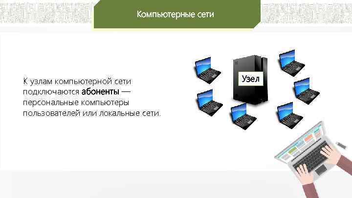 Компьютерные сети К узлам компьютерной сети подключаются абоненты — персональные компьютеры пользователей или локальные