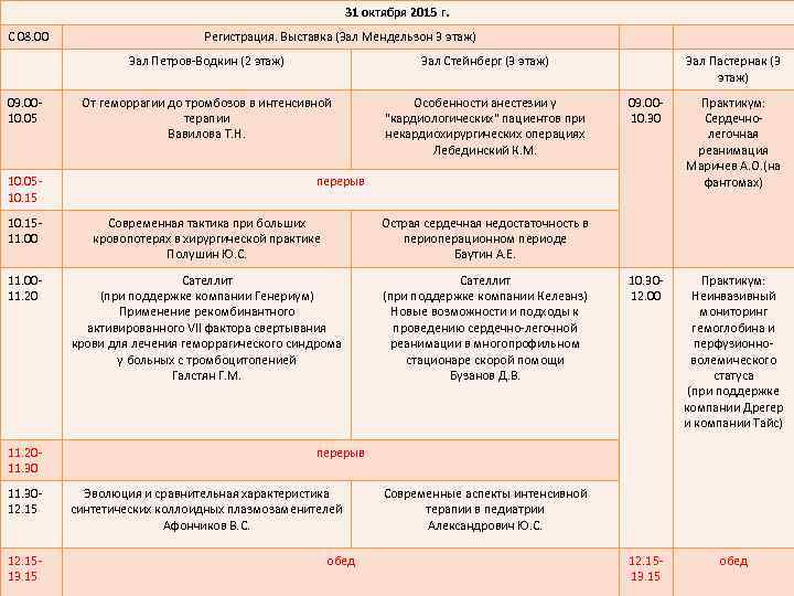 31 октября 2015 г. С 08. 00 Регистрация. Выставка (Зал Мендельзон 3 этаж) Зал