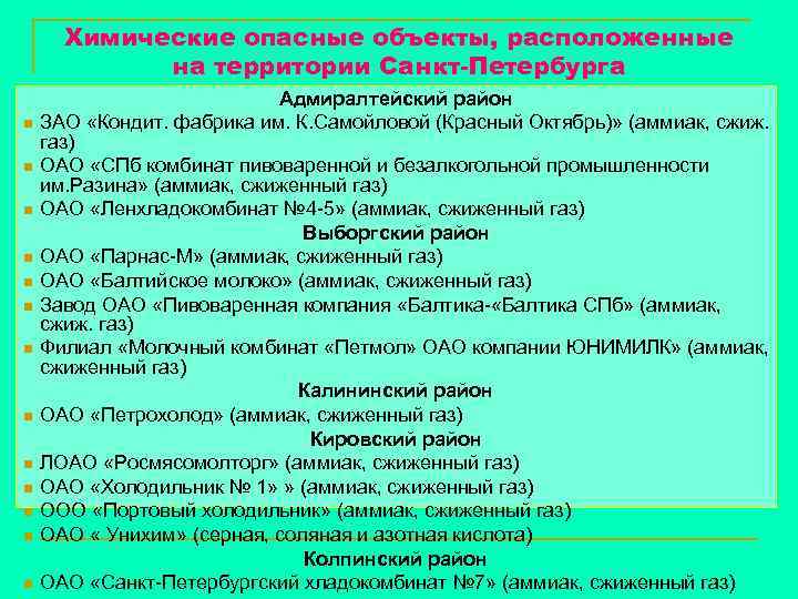 Химические опасные объекты, расположенные на территории Санкт-Петербурга n n n n Адмиралтейский район ЗАО