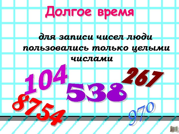 Долгое время для записи чисел люди пользовались только целыми числами 267 4 0 538