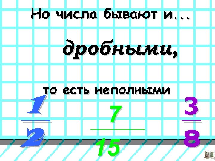 Но числа бывают и. . . дробными, 1 2 то есть неполными 7 15