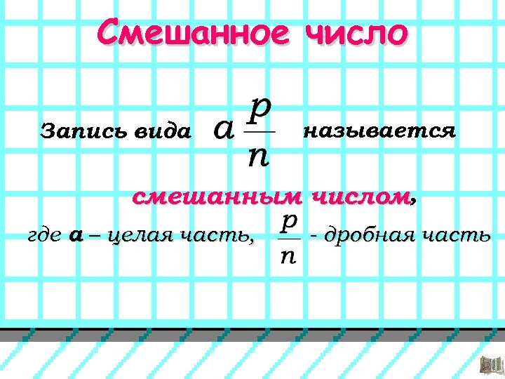 Смешанное число Запись вида называется смешанным числом, где a – целая часть, - дробная