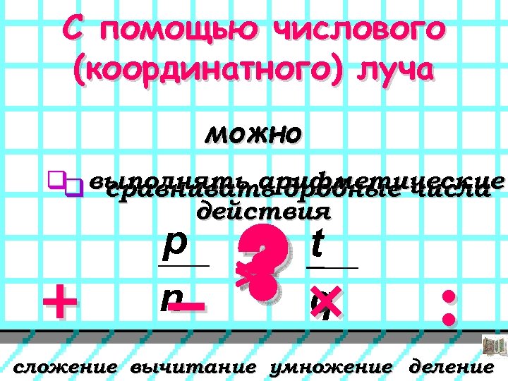 С помощью числового (координатного) луча можно q выполнять арифметические q сравнивать дробные числа действия