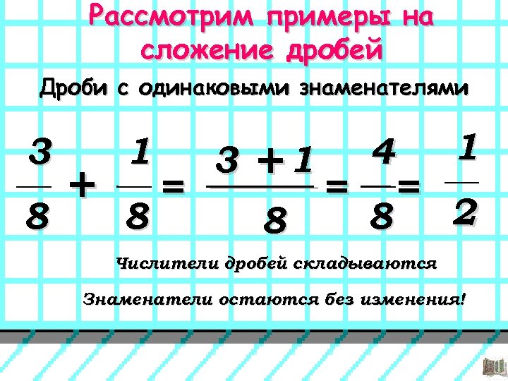 Рассмотрим примеры на сложение дробей Дроби с одинаковыми знаменателями 3 8 + 1 8