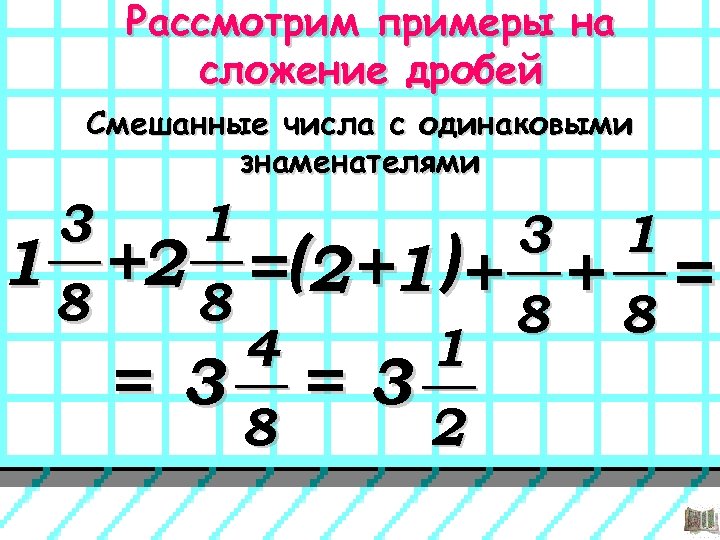 Рассмотрим примеры на сложение дробей Смешанные числа с одинаковыми знаменателями 3 1 1 +2