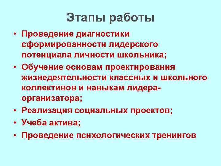 Этапы работы • Проведение диагностики сформированности лидерского потенциала личности школьника; • Обучение основам проектирования