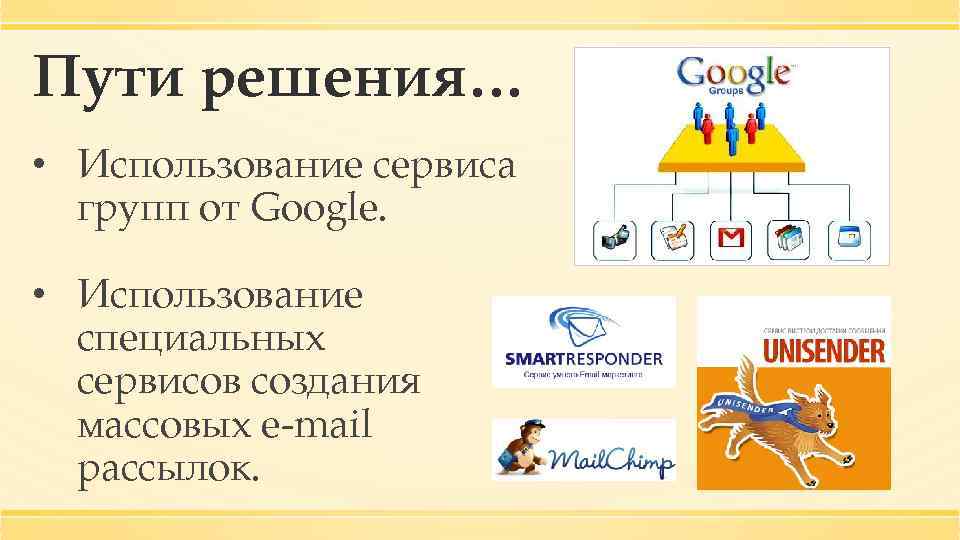 Пути решения… • Использование сервиса групп от Google. • Использование специальных сервисов создания массовых