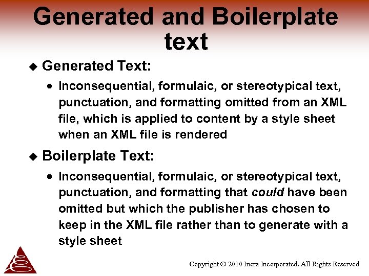 Generated and Boilerplate text u Generated Text: · Inconsequential, formulaic, or stereotypical text, punctuation,