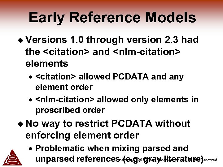 Early Reference Models u Versions 1. 0 through version 2. 3 had the <citation>