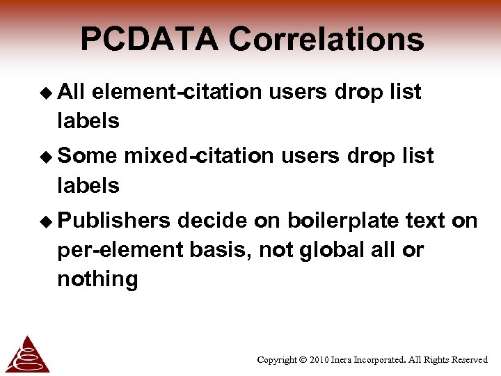 PCDATA Correlations u All element-citation users drop list labels u Some mixed-citation users drop