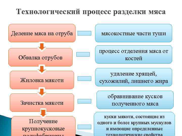 Технологический процесс разделки мяса Деление мяса на отруба мясокостные части туши Обвалка отрубов процесс