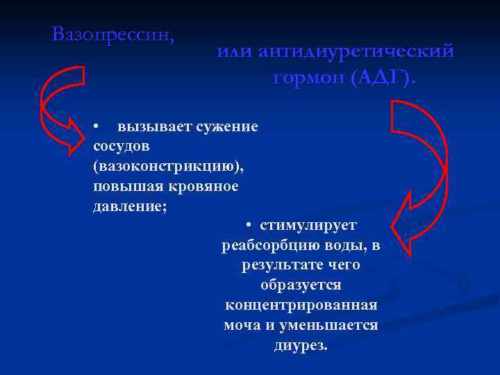 Вазопрессин, или антидиуретический гормон (АДГ). • вызывает сужение сосудов (вазоконстрикцию), повышая кровяное давление; •