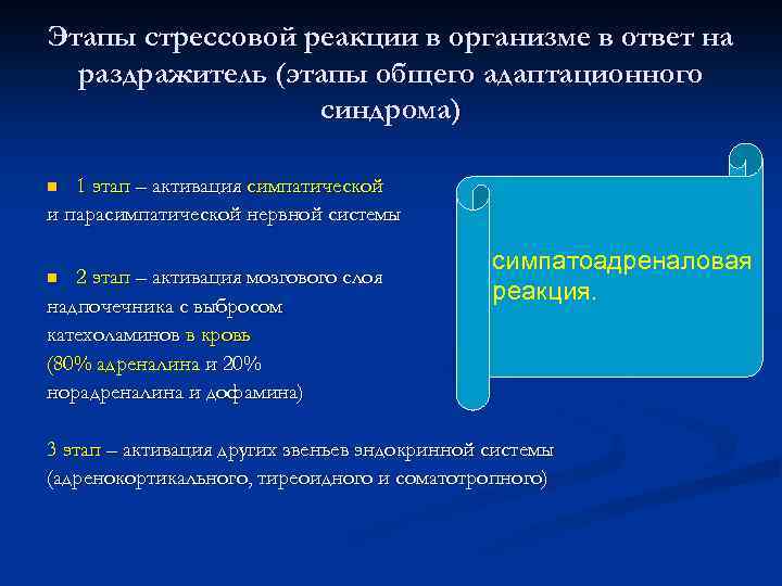 Этапы стрессовой реакции в организме в ответ на раздражитель (этапы общего адаптационного синдрома) 1