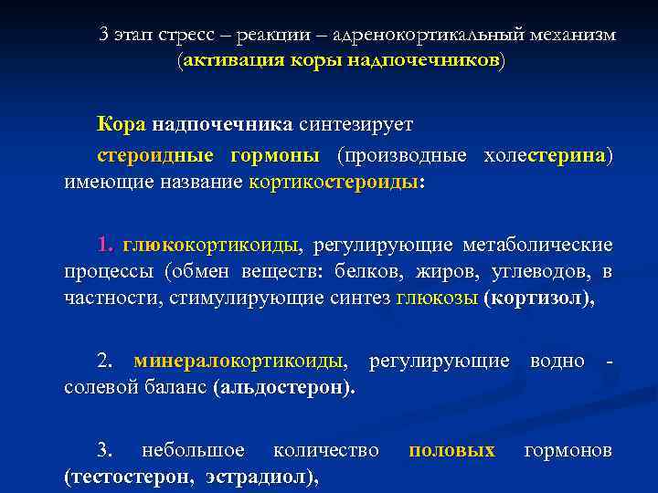 3 этап стресс – реакции – адренокортикальный механизм (активация коры надпочечников) Кора надпочечника синтезирует