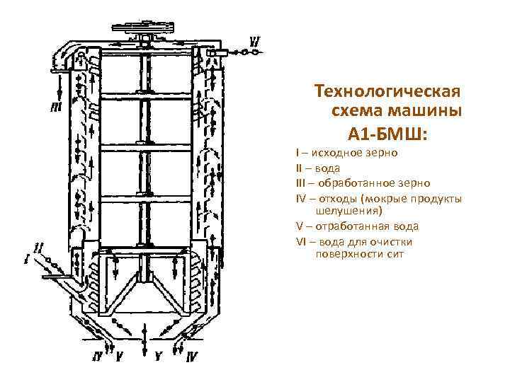 Технологическая схема машины А 1 -БМШ: I – исходное зерно II – вода III