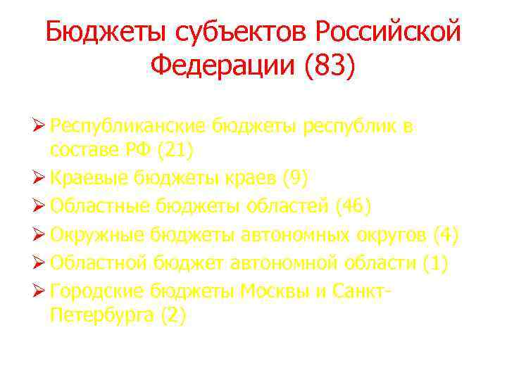 Бюджеты субъектов Российской Федерации (83) Ø Республиканские бюджеты республик в составе РФ (21) Ø