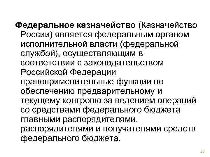  Федеральное казначейство (Казначейство России) является федеральным органом исполнительной власти (федеральной службой), осуществляющим в