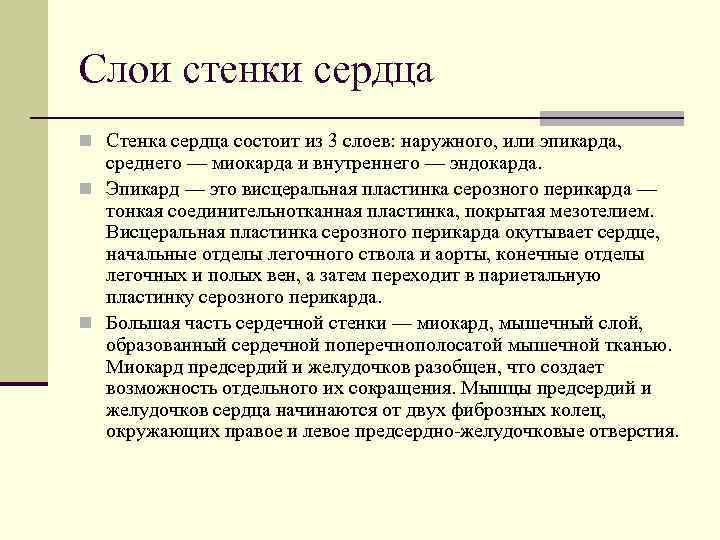 Слои стенки сердца n Стенка сердца состоит из 3 слоев: наружного, или эпикарда, среднего
